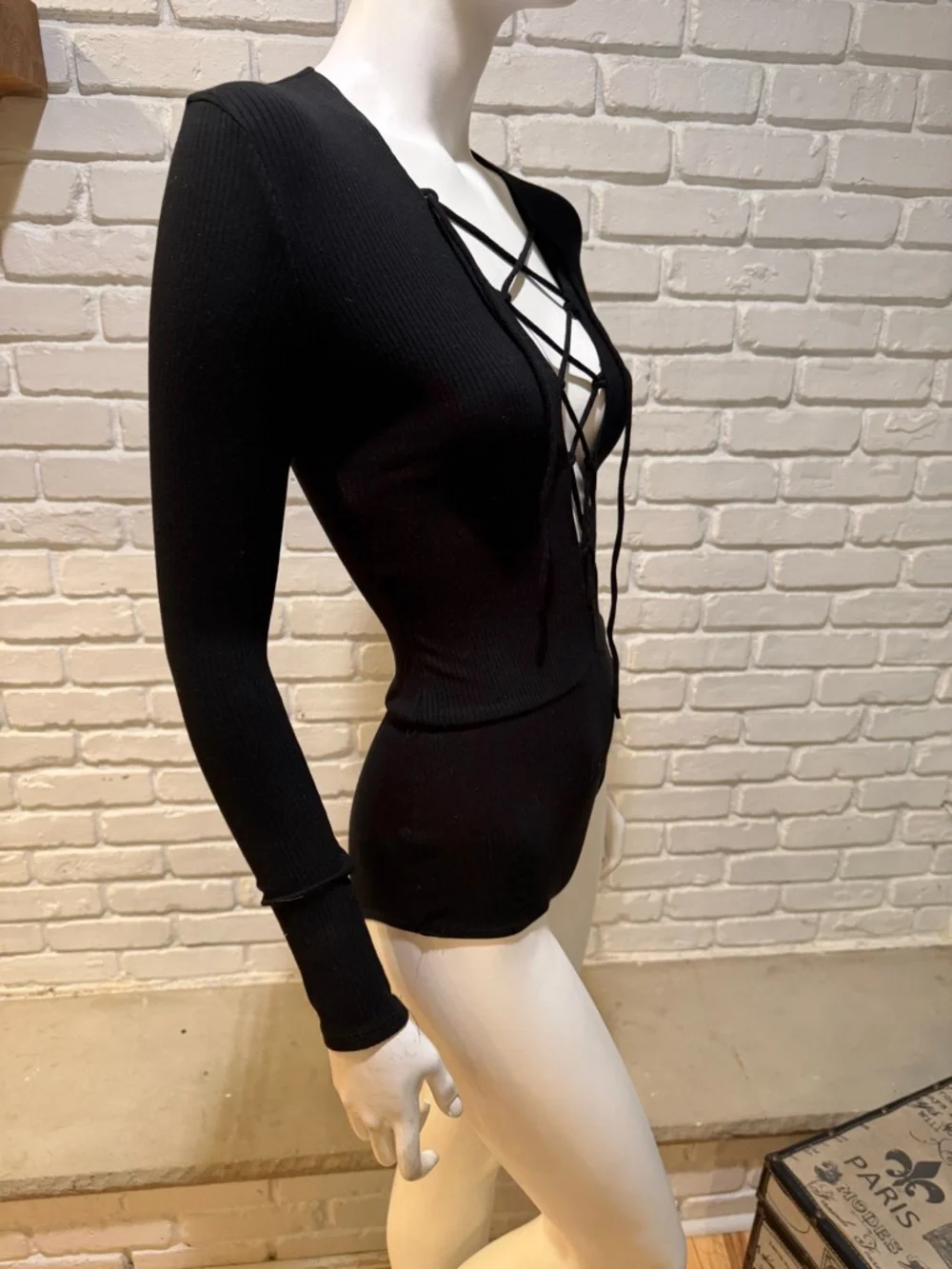 Reformation Black Lace-Up Bodysuit Tie Front Long Sleeve Size S
